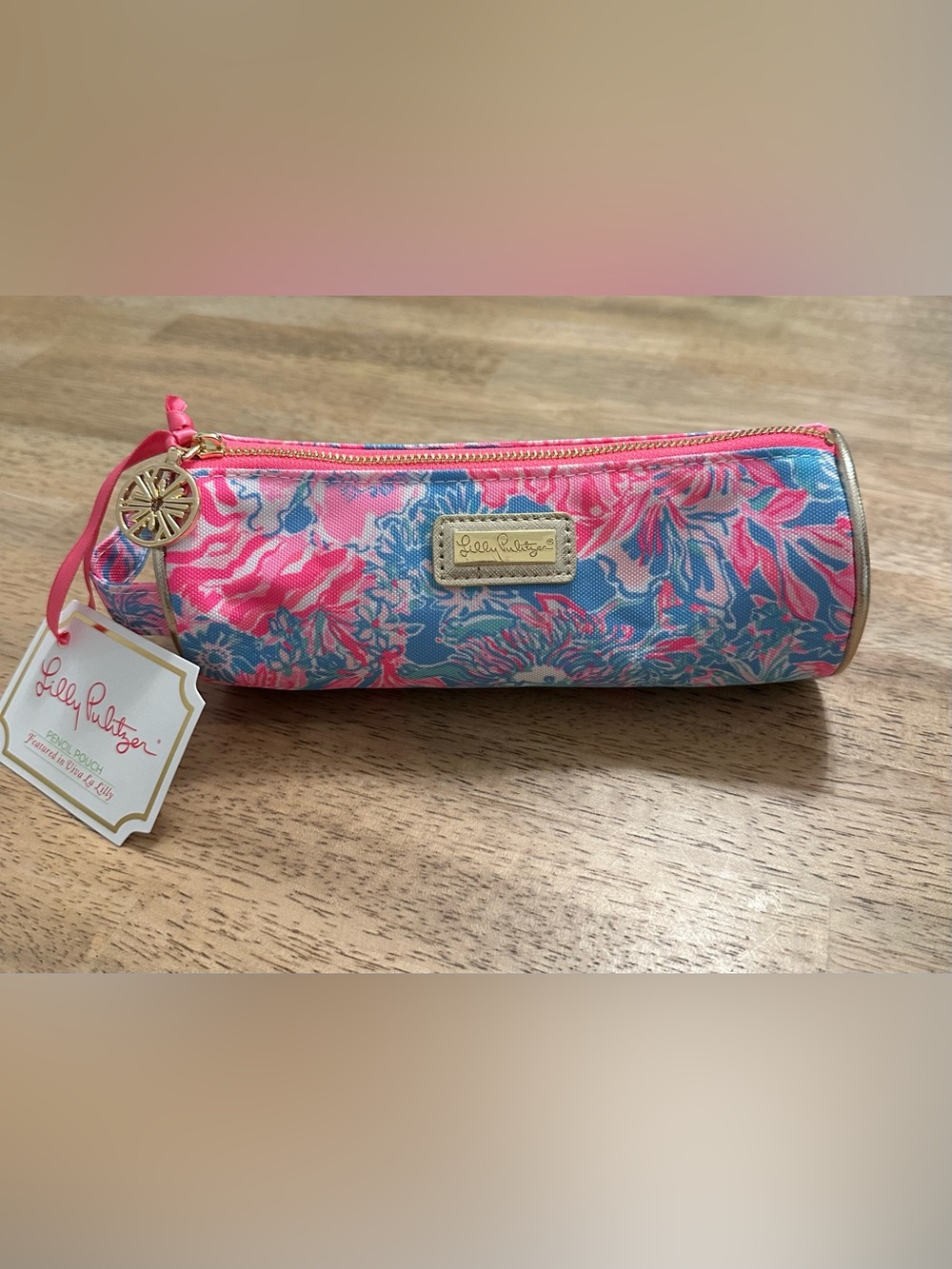 Lilly Pulitzer Pink & Blue Floral Pencil Pouch with Gold details.
